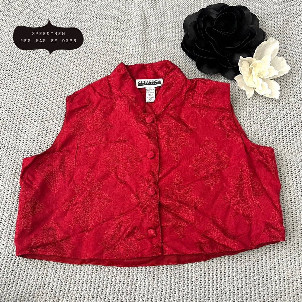 NWT Vintage Contempo Casuals Asian brocade Red Crop Button Down Blouse